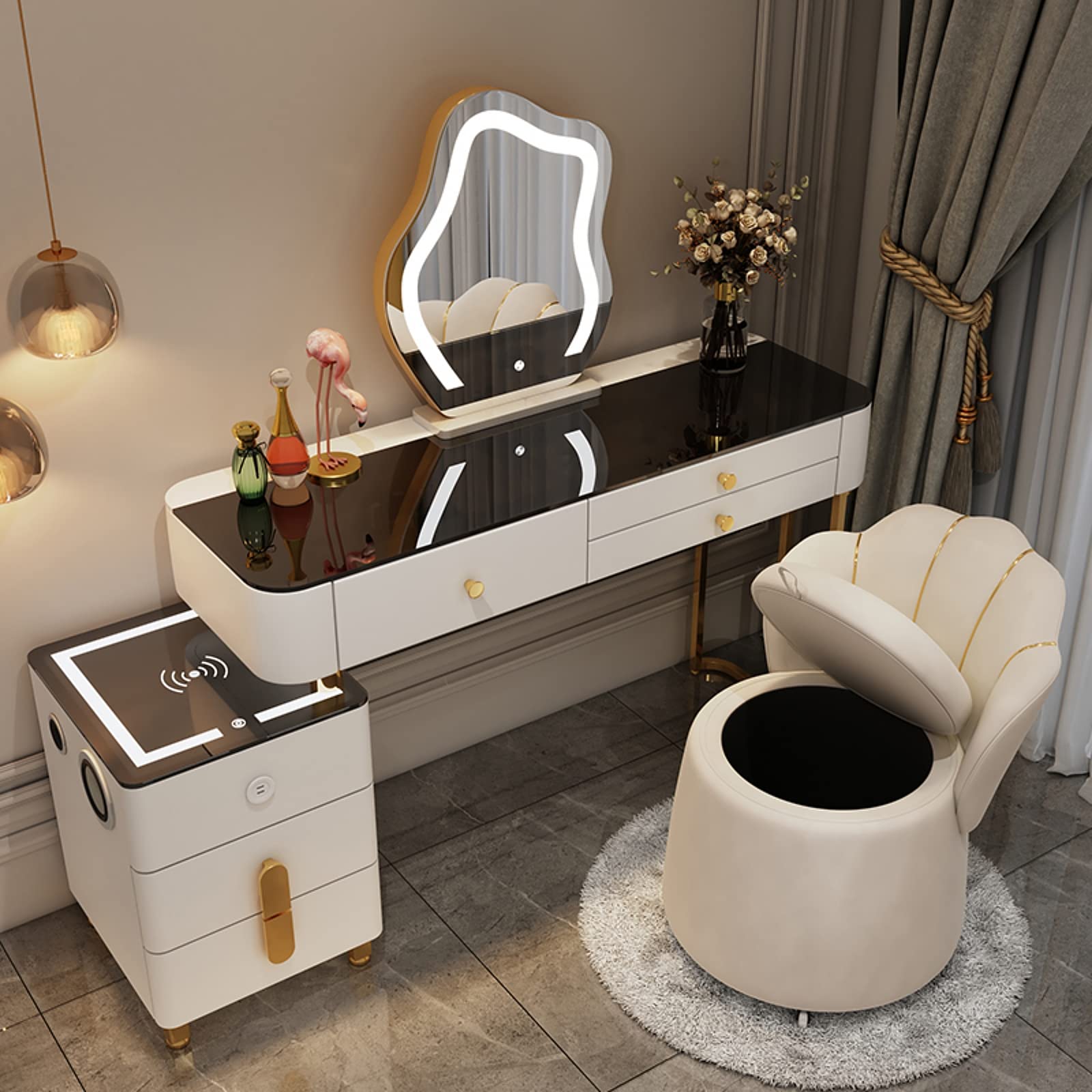 【Furniture】Vanity Set Makeup Vanity Desk with Charging Station and Bluetooth Speaker