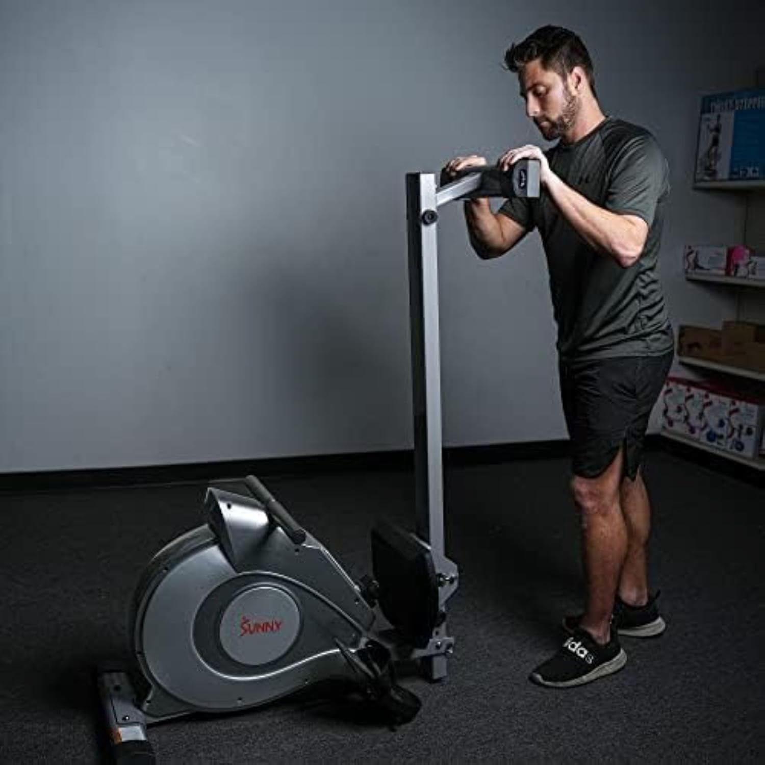 Sunny Health and Fitness Magnetic Rowing Machine, Folding Rower with LCD Monitor and Extra Long Slide Rail, 8 Level Resistance, Transport Wheels, Full Body Workout Equipment For Home, SF-RW5515, Gray