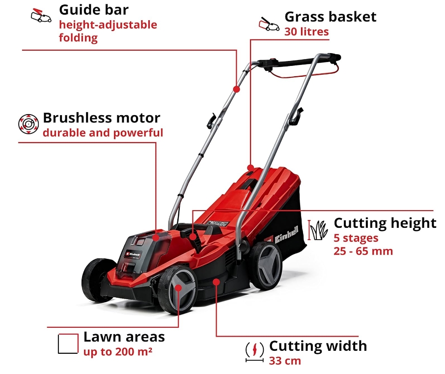 Einhell Power X-Change 18/33 Cordless Lawnmower With Battery and Charger - 18V, Brushless Motor, 33cm Cutting Width, 30L Grass Box, 5 Cutting Heights - GE-CM 18/33 Li Battery Lawn Mower