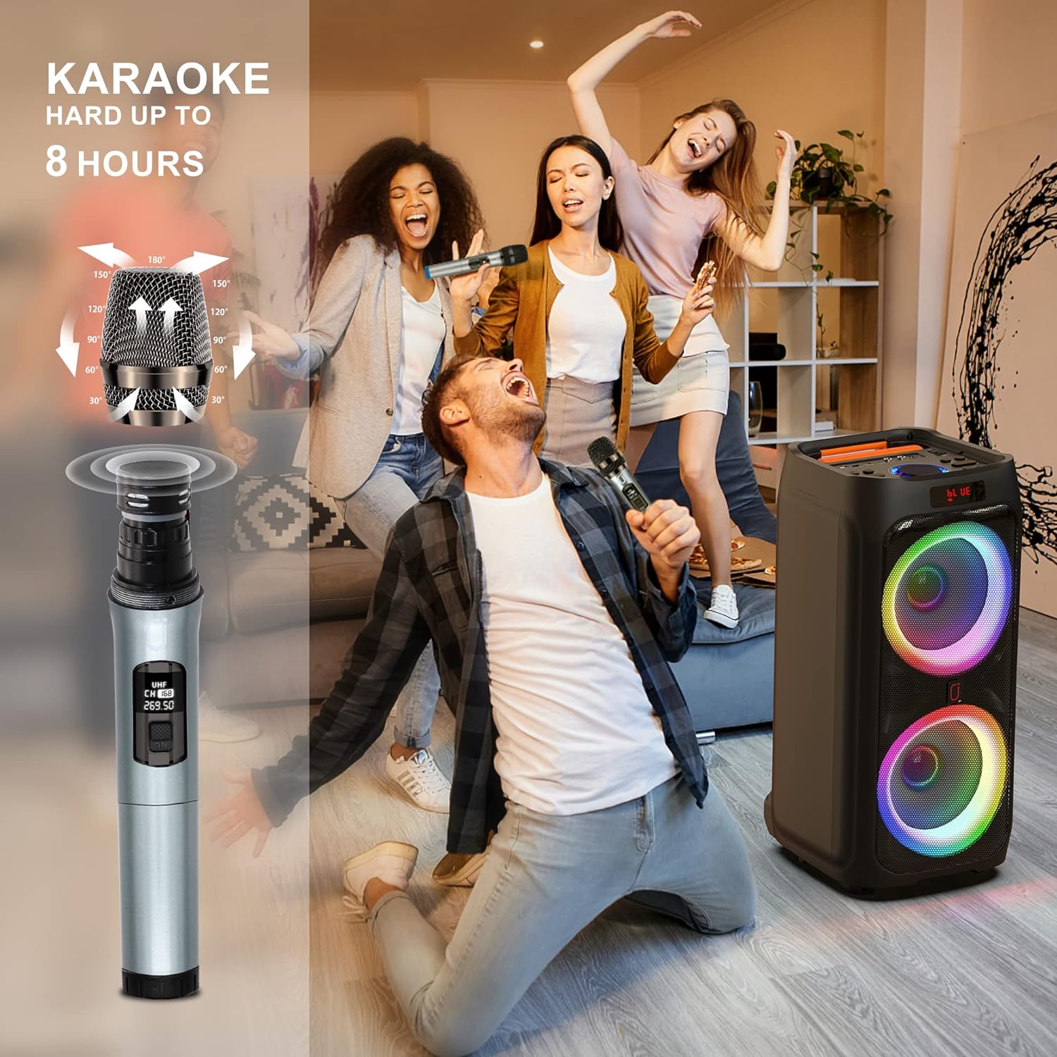 JYX Karaoke Machine with 2 Wireless Microphones for Adults, 8