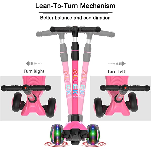 Allek Kick Scooter B03, Lean 'N Glide 3-Wheeled Push Scooter with Extra Wide PU Light-Up Wheels, Any Height Adjustable Handlebar and Strong Thick Deck for Children from 3-12yrs (Rose Pink)
