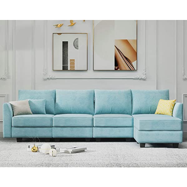 HONBAY Convertible Sectional Sofa U Shaped Couch with Reversible Chaise Modular Oversized Couch Sectional Sofa with Ottomans, Aqua Blue U Shape Sofa-1 Blue