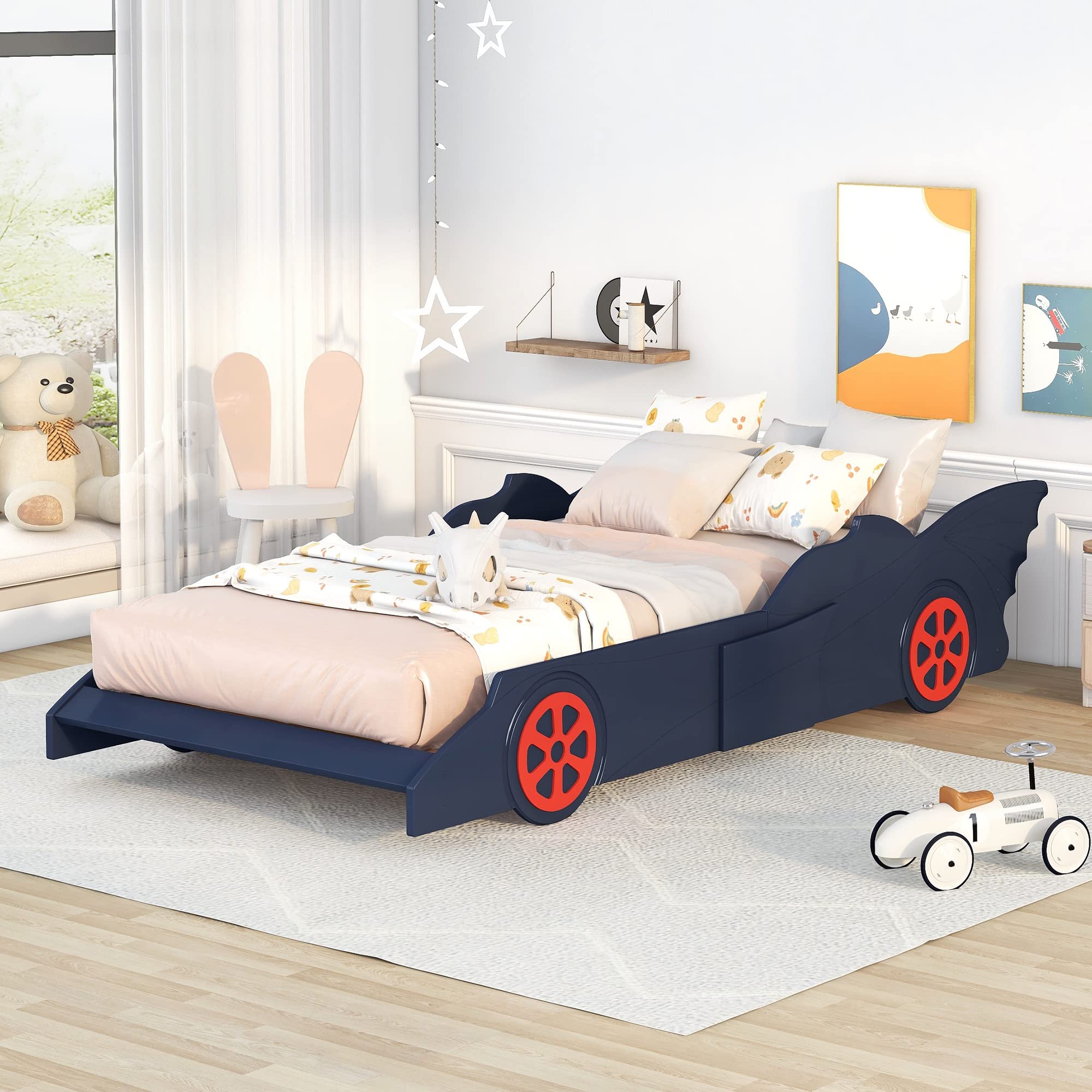 【Furniture】Twin Size Kids Platform Bed, Race Car-Shaped Bed with Wheels Design, Faux Leather Upholstered Bed Frame