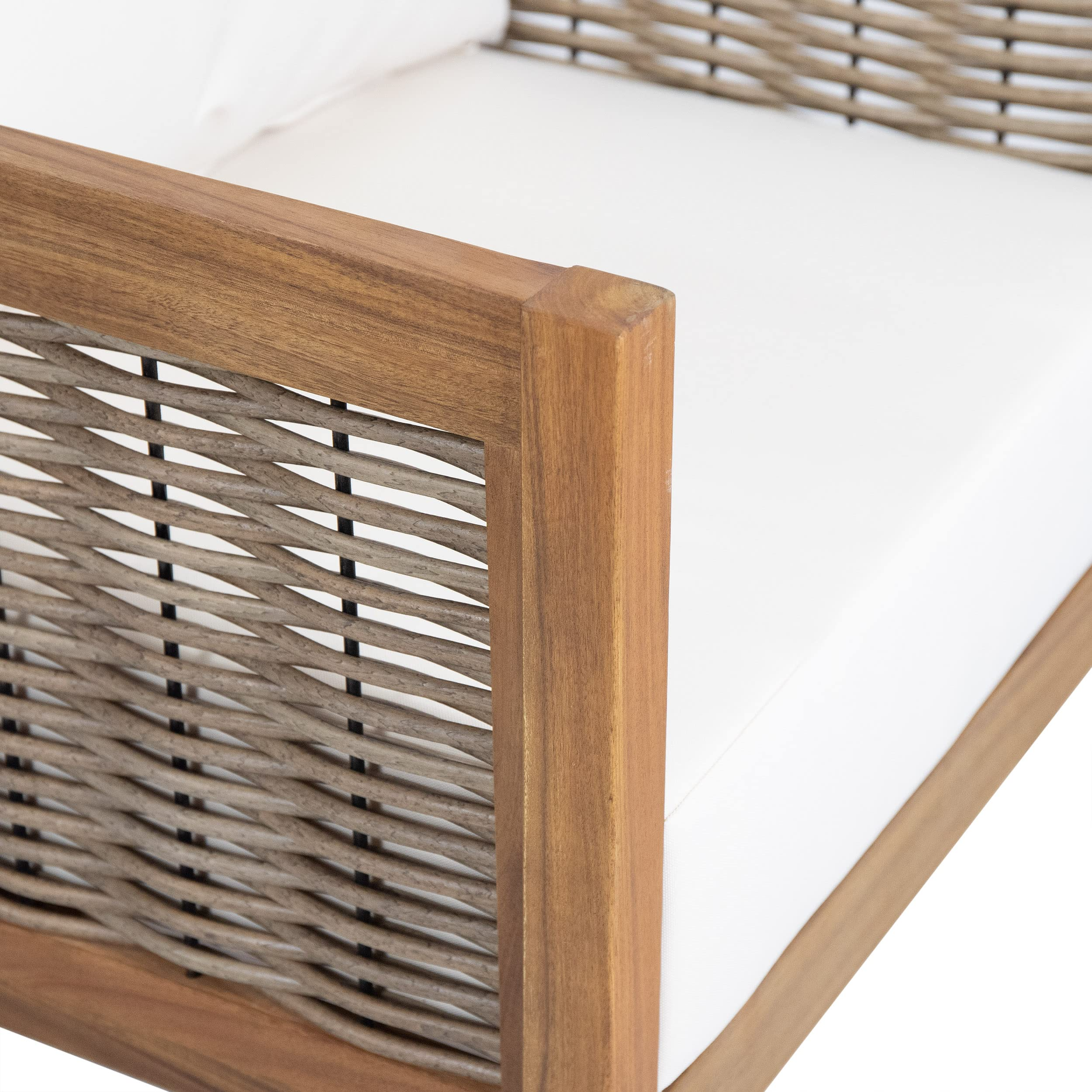 【Furniture】Burchett Outdoor 4 Pcs Chat Set - Acacia Wood and Wicker - Teak/Mixed Brown/Beige