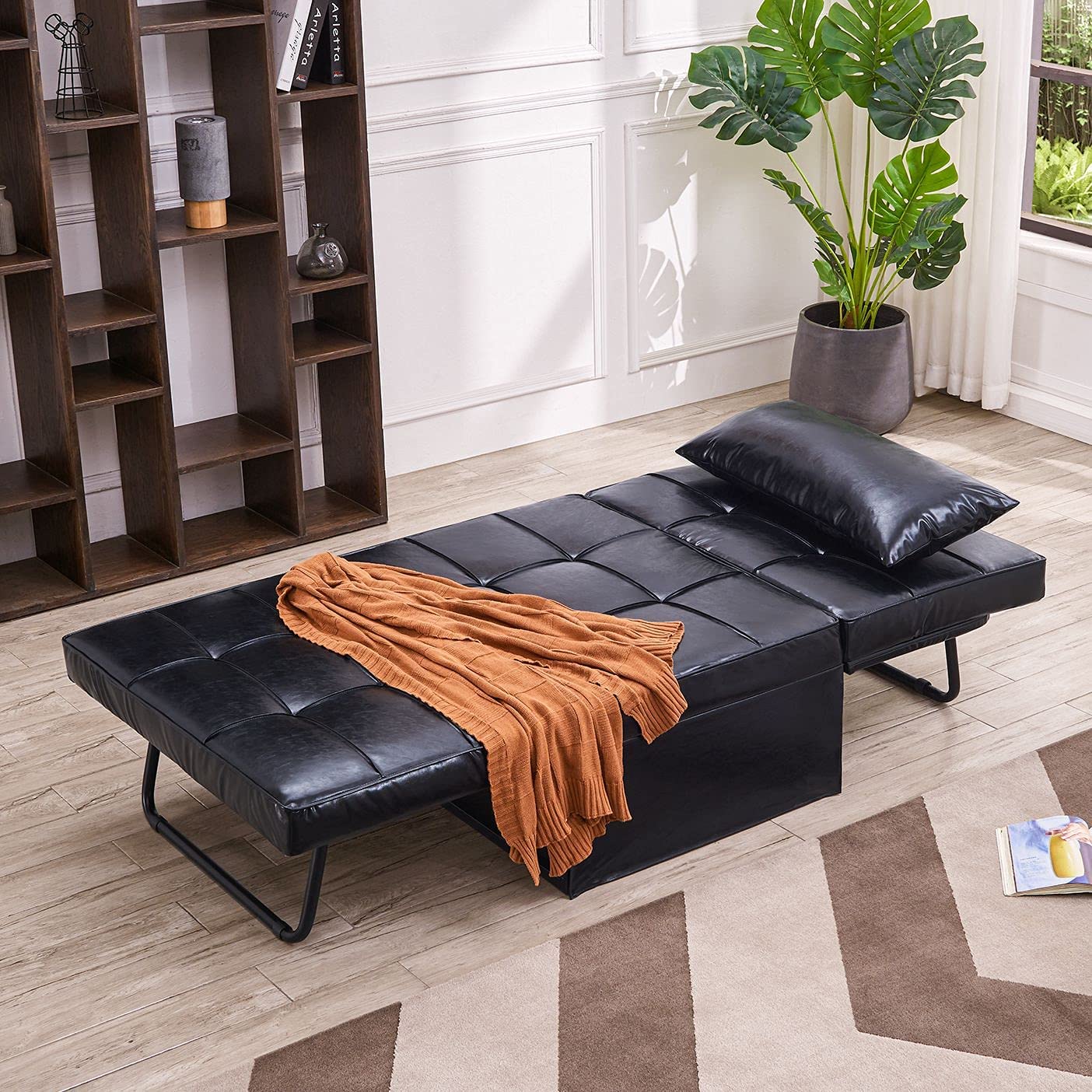 Vonanda Leather Ottoman Sofa Bed, Small Modern Couch Multi-Position Convertible Comfortable and Durable Leather Couch Lounger Guest Bed with Pillow for Small