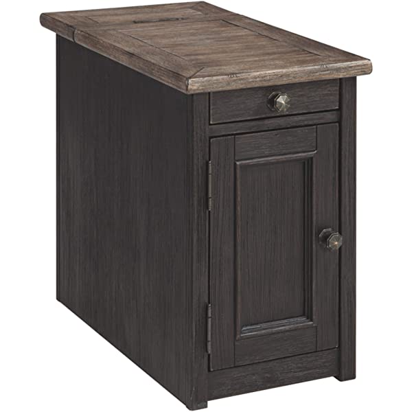 Signature Design by Ashley Tyler Creek Rustic Chair Side End Table with Pull-Out Tray & USB Ports, Brown Blackish Brown Table