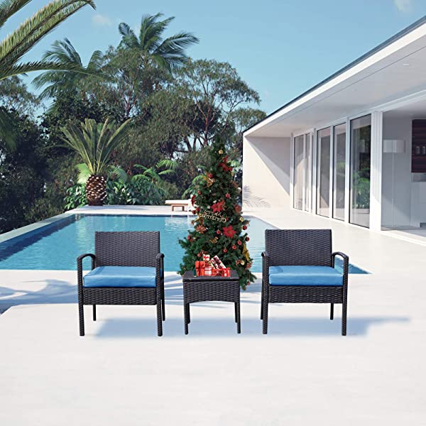 PROHIKER 3 PCS Patio Rattan Conversation Chair Set, 3 PCS Patio Wicker Rattan Furniture Set, Patio Wicker Rattan Table Brown