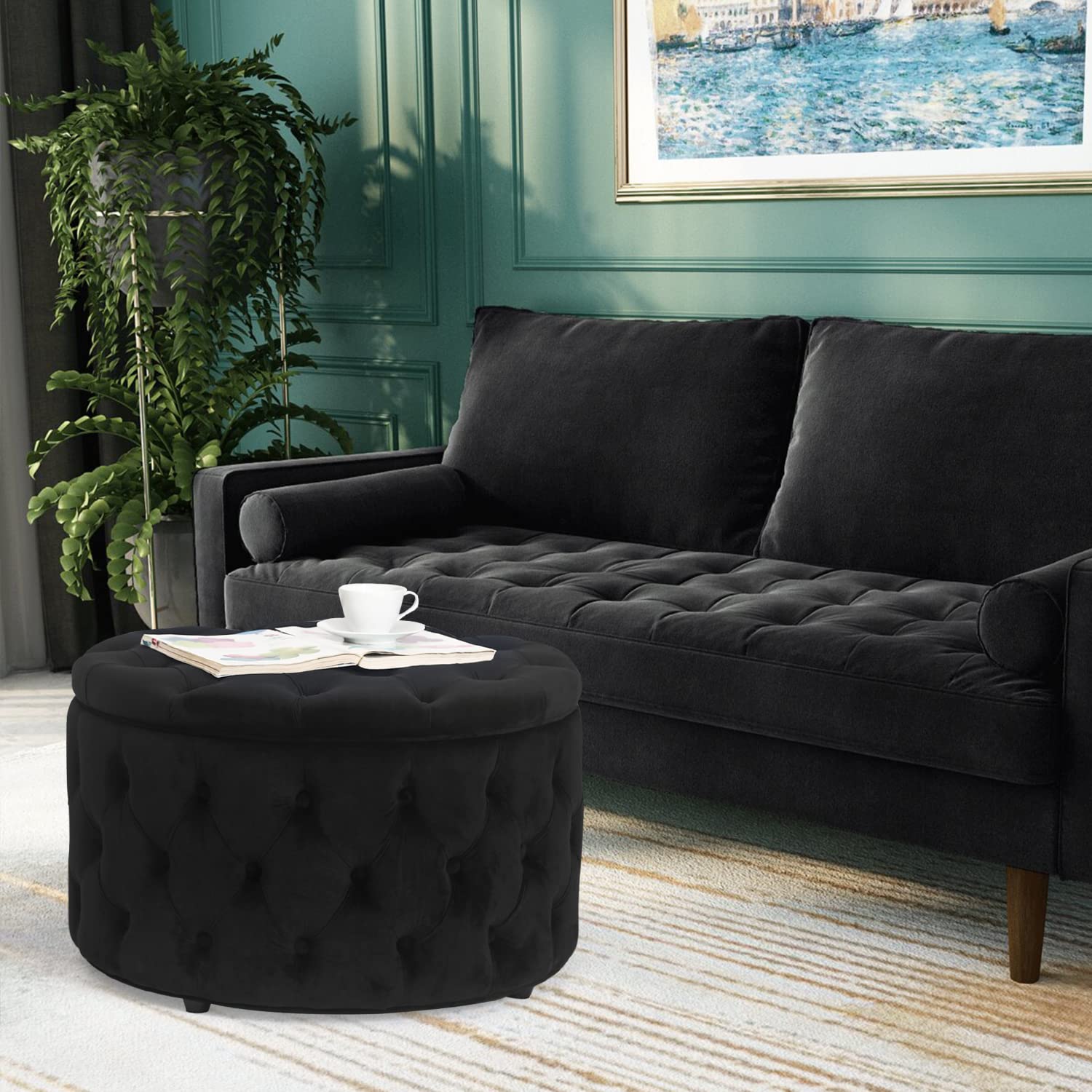 【Furniture】Homebeez Round Velvet Storage Ottoman, Button Tufted Footrest Stool Coffee Table