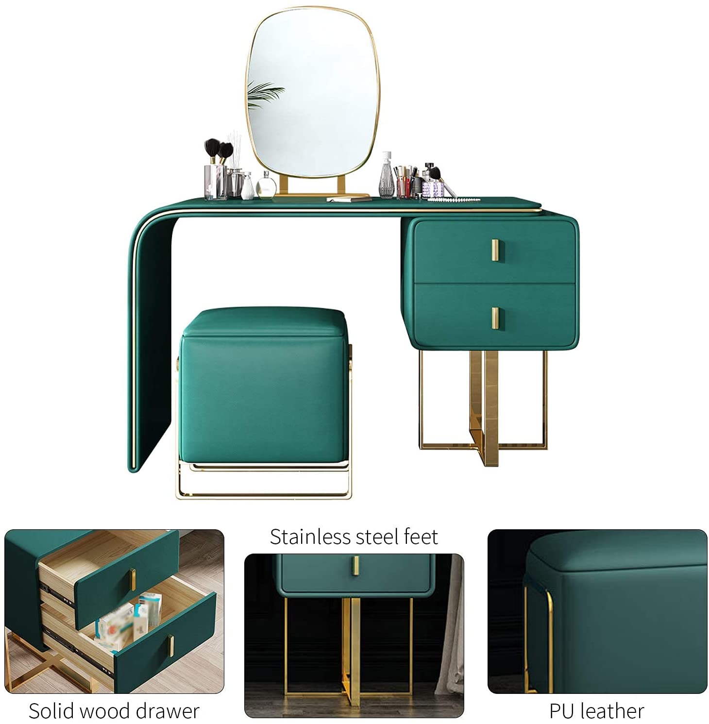 FUKAYI Modern Vanity Set with Lighted Mirror, Makeup Dressing Table with 2 Large Drawer and PU Stool, Dresser Table for Women