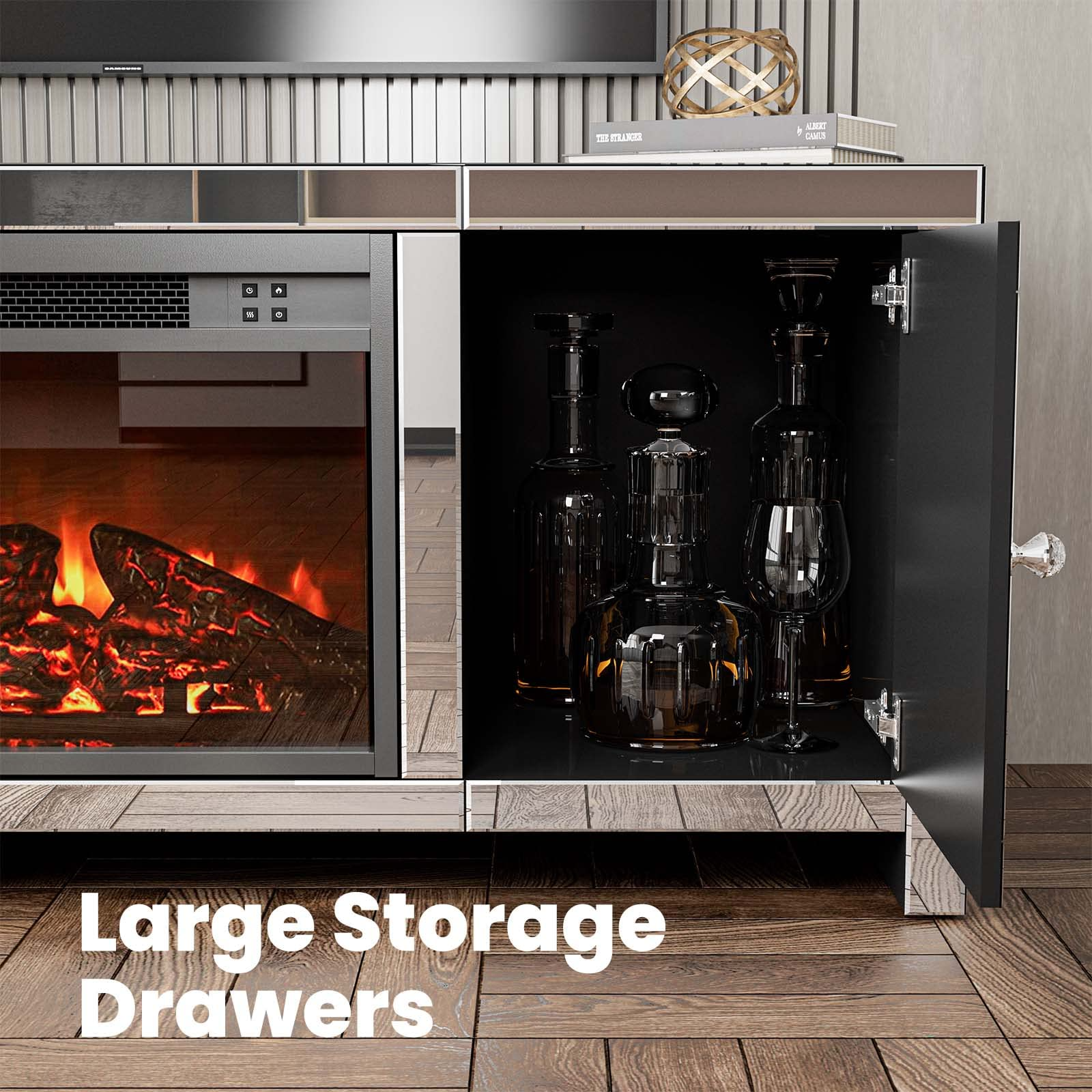 【Furniture】Mirrored Fireplace TV Stand, Mirrored Media Entertainment Center for TV up to 55 inch