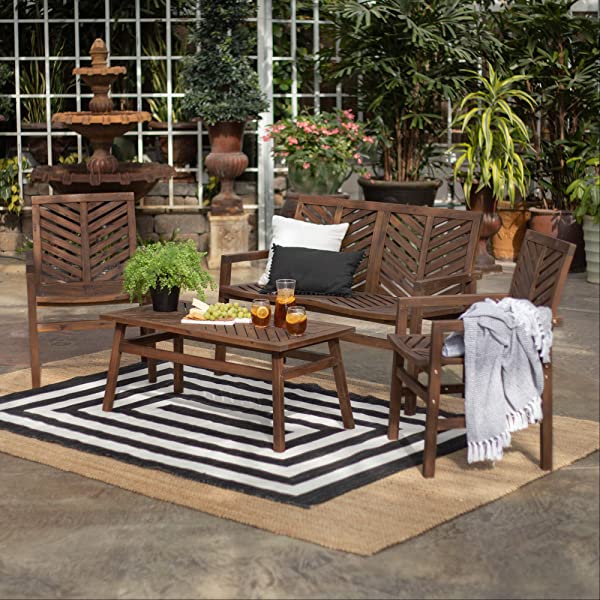 Walker Edison 5 Person Outdoor Wood Chevron Patio Furniture Dining Set Table Chairs Bench All Weather Backyard Conversation Garden Poolside Balcony, 4 Piece, Brown Brown 4 Piece Dining Set