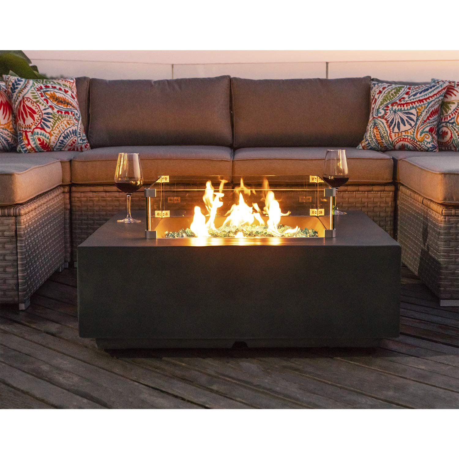 【Home&Garden】8-Pc Fire Pit Table Outdoor Furniture Sofa, Wicker Cushion Sectional w Celadon Fire Heater