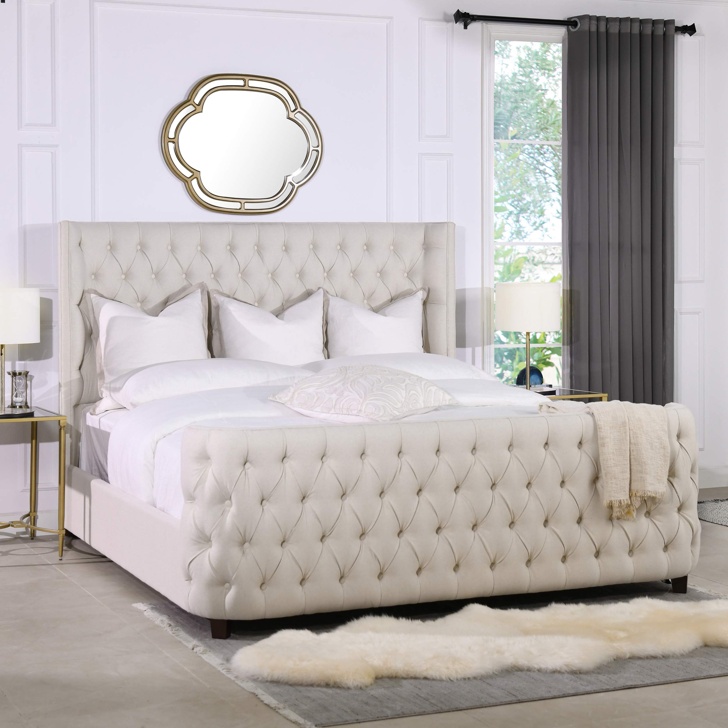 【Furniture】Tufted Panel Bed Headboard and Footboard Set, King, Light Beige
