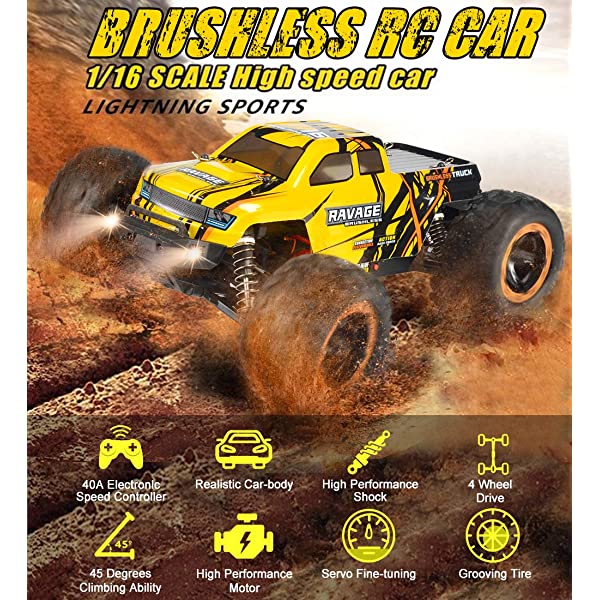 NUOKE Brushless RC Cars 1:16 Scale RTR 60km/h Remote Control Truck High Speed 4WD 2.4Ghz Waterproof Monster Truck with 2 Rechargeable Batteries Offroad Gift for Boys Car for Kids and Adults 1-yellow