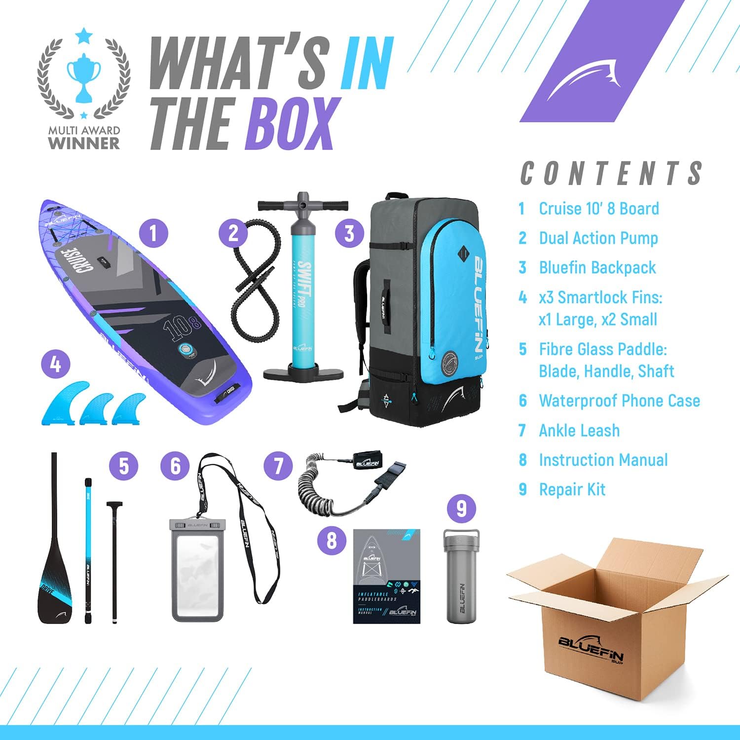 Bluefin Cruise SUP Inflatable Stand Up Paddle Board | Premium Paddleboard Accessories | Multiple sizes: Kids, 9'8, 10'4, 10’8, 12’, 15'