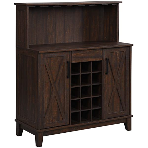 Bar Cabinet with Wine Rack and Glass Doors (Grey wash- Solid)