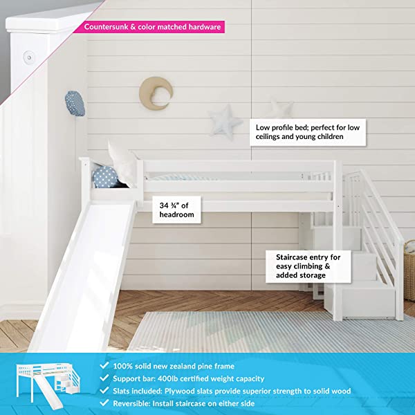 Max & Lily Twin Low Loft Bed with Staircase, White White Low Loft + Staircase Bed