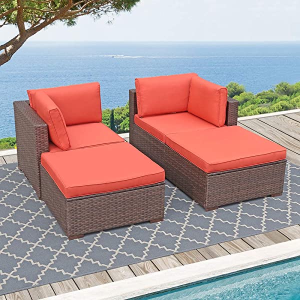 OC Orange-Casual 2 Piece Patio Sectional Furniture Set with Back Seat Cushions, Outdoor Armchair Wicker Sofa, Ottoman Brown Wicker & Turquoise Cushion