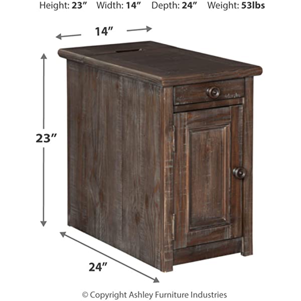 Signature Design by Ashley Tyler Creek Rustic Chair Side End Table with Pull-Out Tray & USB Ports, Brown Blackish Brown Table