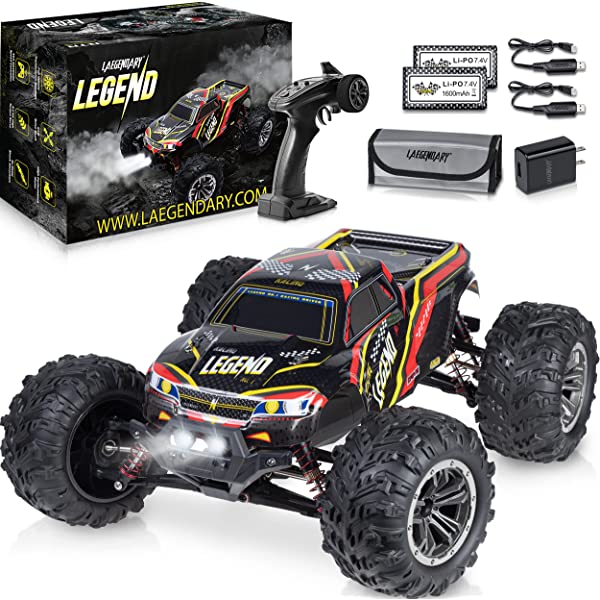 1:10 Scale Large RC Cars 50+ kmh Speed - Boys Remote Control Car 4x4 Off Road Monster Truck Electric - Hobby Grade Waterproof Toys Trucks for Kids and Adults - 2 Batteries + Connector for 40+ Min Play Black - Red 1:10 Scale 31 mph
