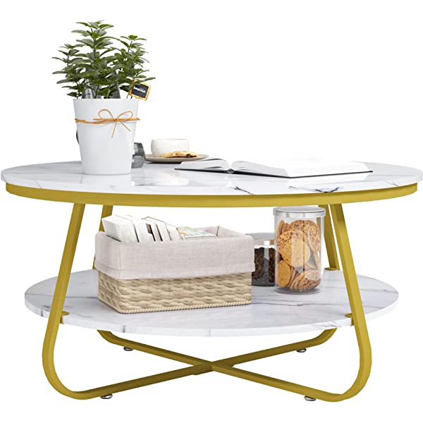 Elephance Round Coffee Table with Storage, 35.8 Inch Rustic Wood Coffee Table with Strong Metal Frame for Living Room, Dining Room, Cocktail Table, Round Sofa Table (Almond)