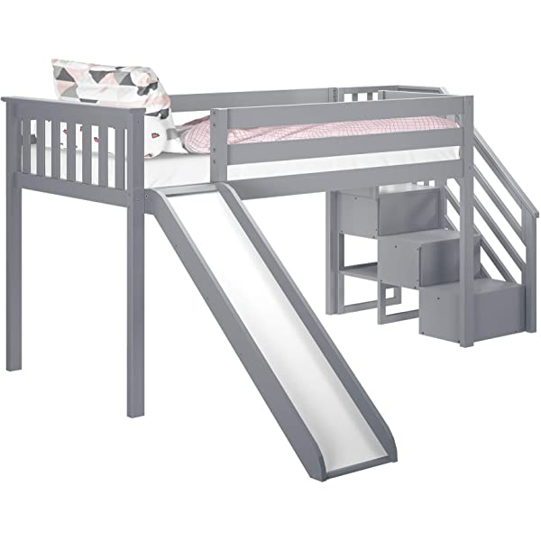 Max & Lily Twin Low Loft Bed with Staircase, White White Low Loft + Staircase Bed