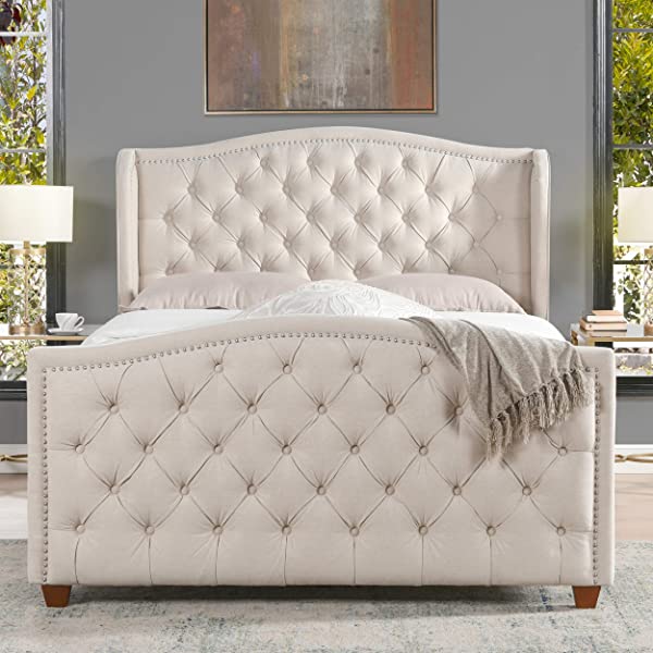 Jennifer Taylor Home Marcella Collection Queen Wingback Tufted Hand-Applied Nail Heads Upholstered Bed, Antique White Antique White Queen