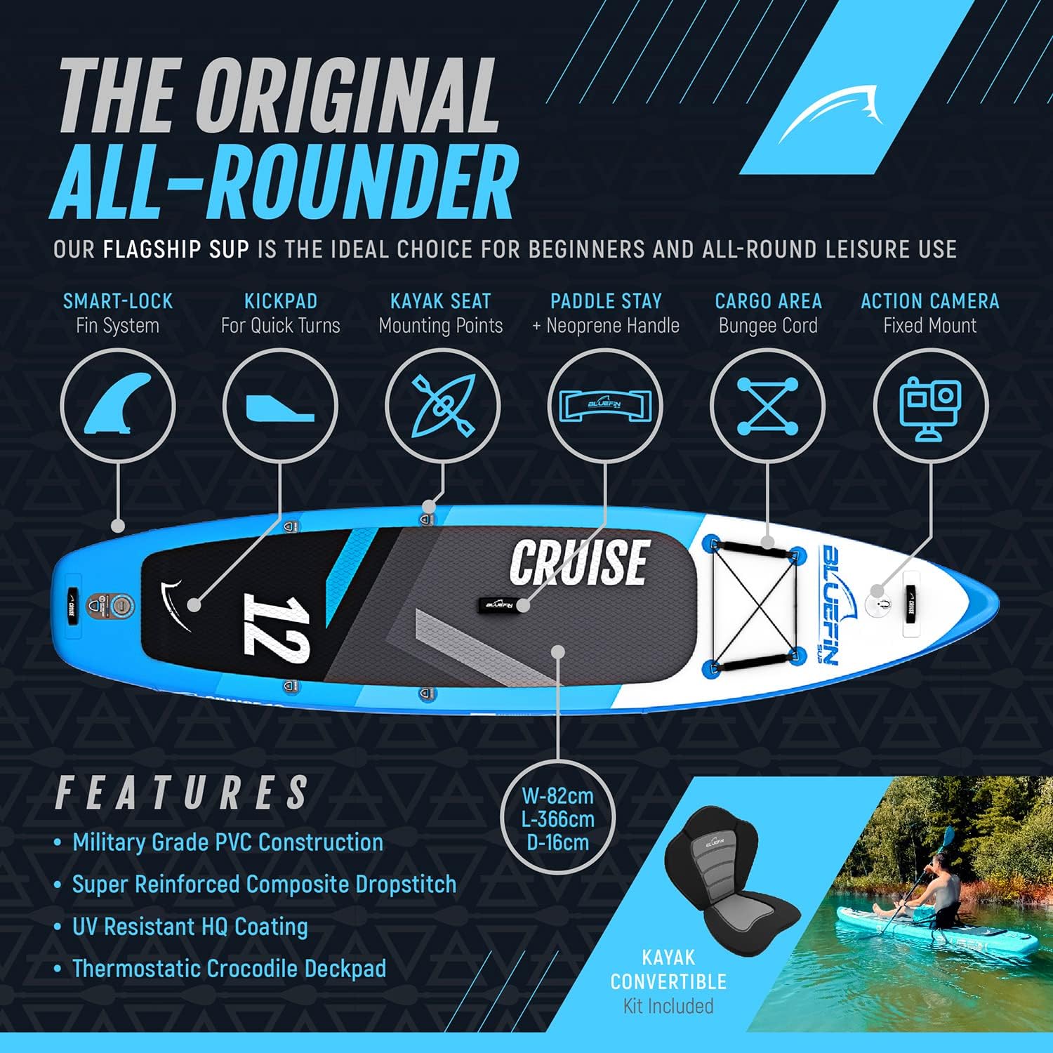 Bluefin Cruise SUP Inflatable Stand Up Paddle Board | Premium Paddleboard Accessories | Multiple sizes: Kids, 9'8, 10'4, 10’8, 12’, 15'