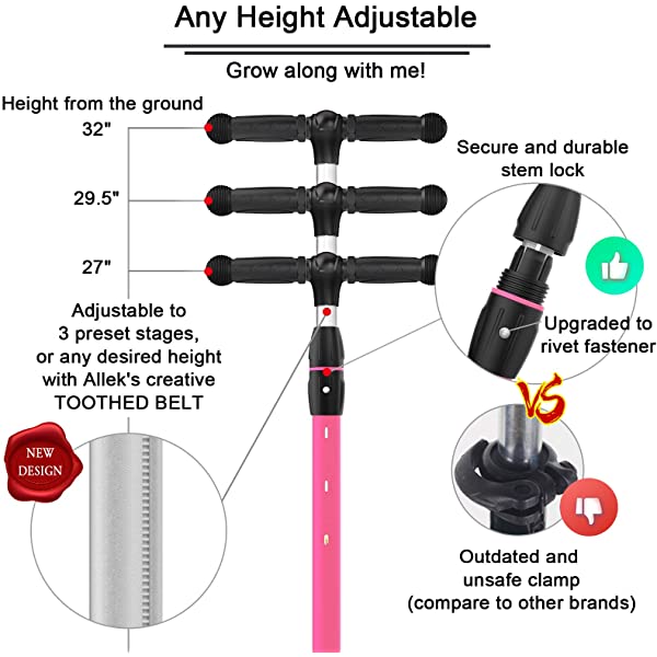 Allek Kick Scooter B03, Lean 'N Glide 3-Wheeled Push Scooter with Extra Wide PU Light-Up Wheels, Any Height Adjustable Handlebar and Strong Thick Deck for Children from 3-12yrs (Rose Pink)