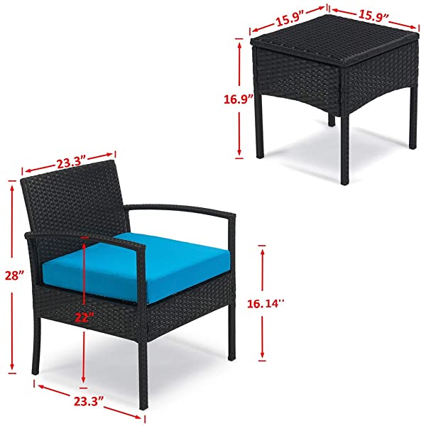 PROHIKER 3 PCS Patio Rattan Conversation Chair Set, 3 PCS Patio Wicker Rattan Furniture Set, Patio Wicker Rattan Table Brown