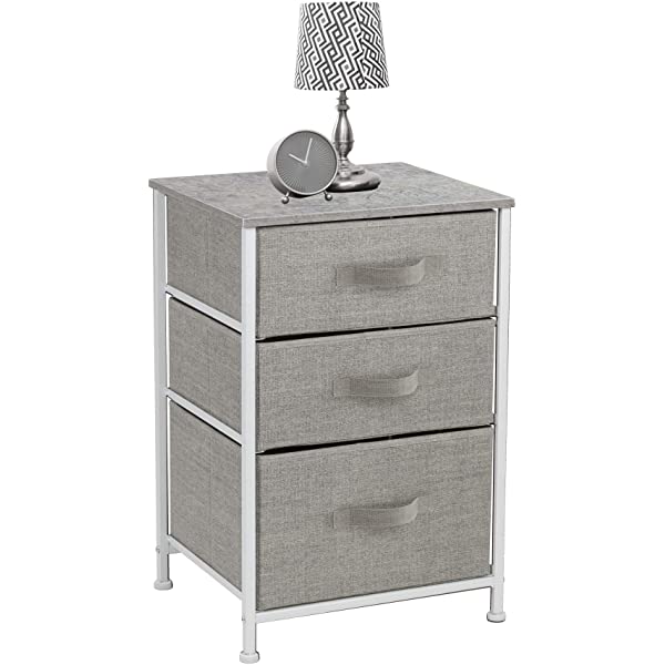 Sorbus Nightstand with 3 Drawers - Bedside Furniture & Accent End Table Chest for Home, Bedroom Accessories, Office, College Dorm, Steel Frame, Wood Top, Easy Pull Fabric Bins (Gray) Grey