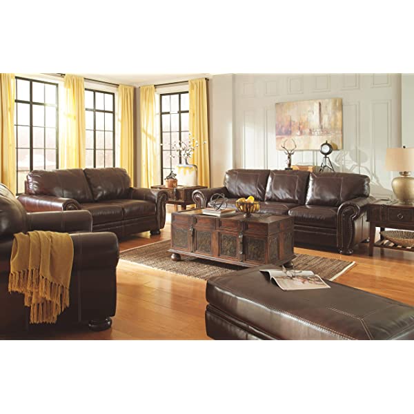 Signature Design by Ashley - Banner Traditional Style Faux Leather Loveseat w/ Nailhead Trim, Coffee Brown