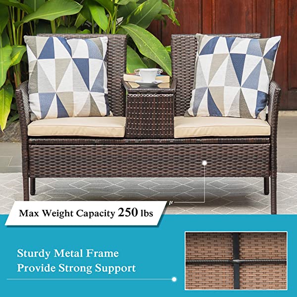 M&W Outdoor Patio Furniture, Wicker Loveseat with Glass Table for Balcony, PE Rattan Bistro Set for Lawn, Garden, Backyard (Throw Pillow NOT Included)